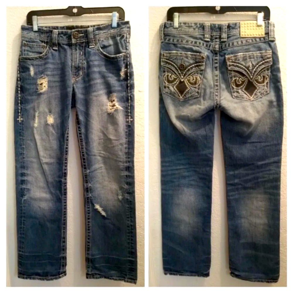 Affliction Black Premium Embroidered Distressed Blue Denim Jeans - Picture 6 of 13